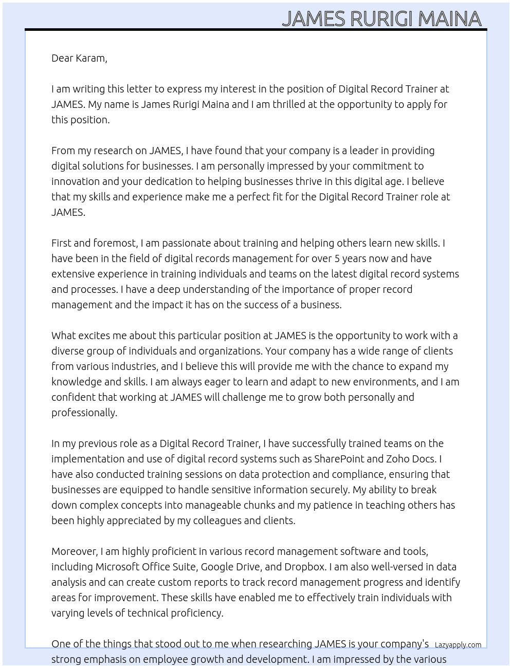 Digital record trainer At JAMES Cover Letter