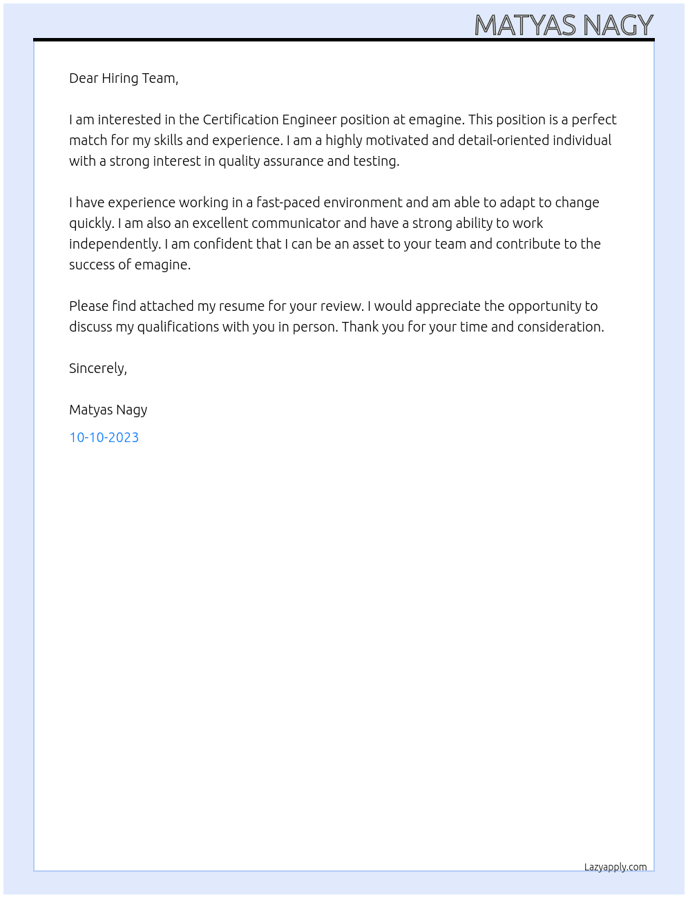 certification engineer At emagine Cover Letter