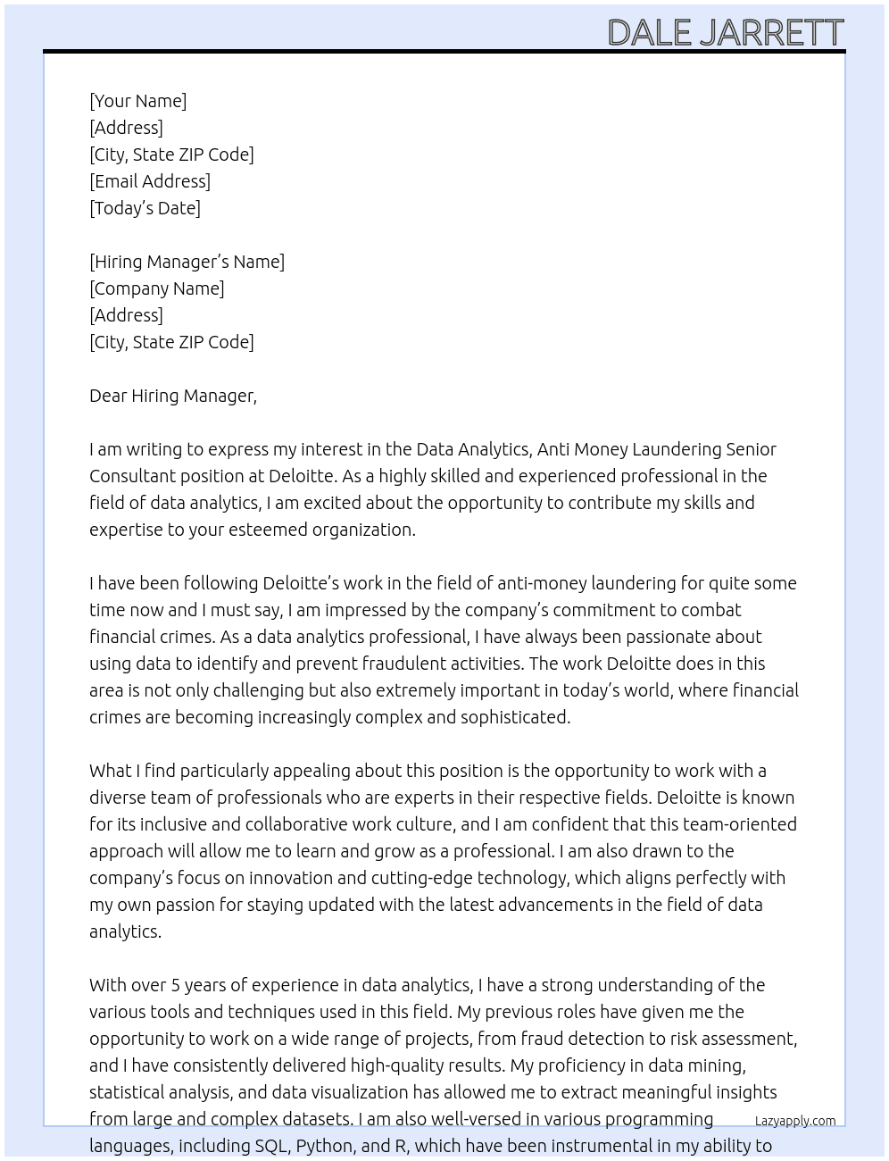 Cover letter for data analytics, anti money laundering senior consultant - LazyApply