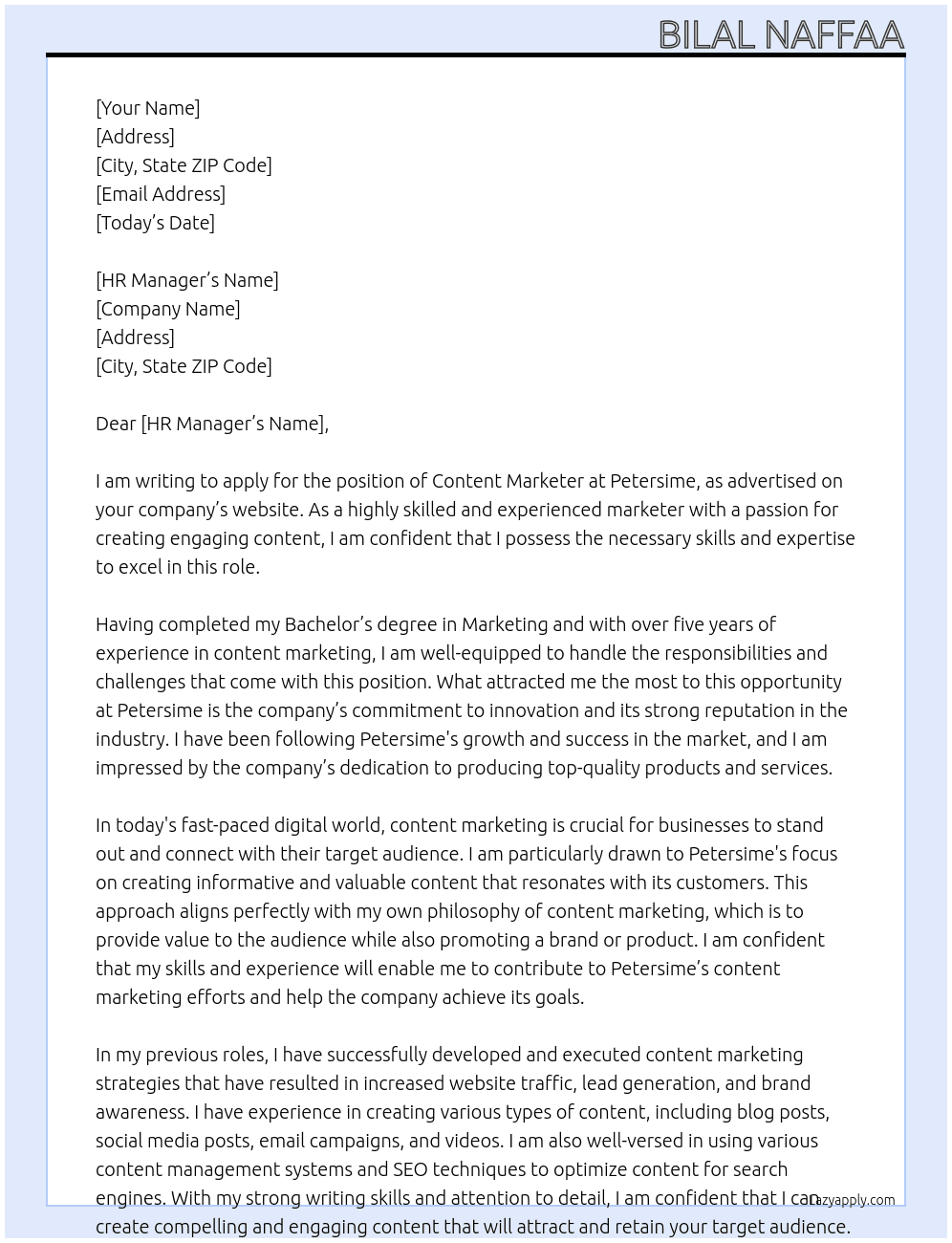 Content Marketer At petersime Cover Letter