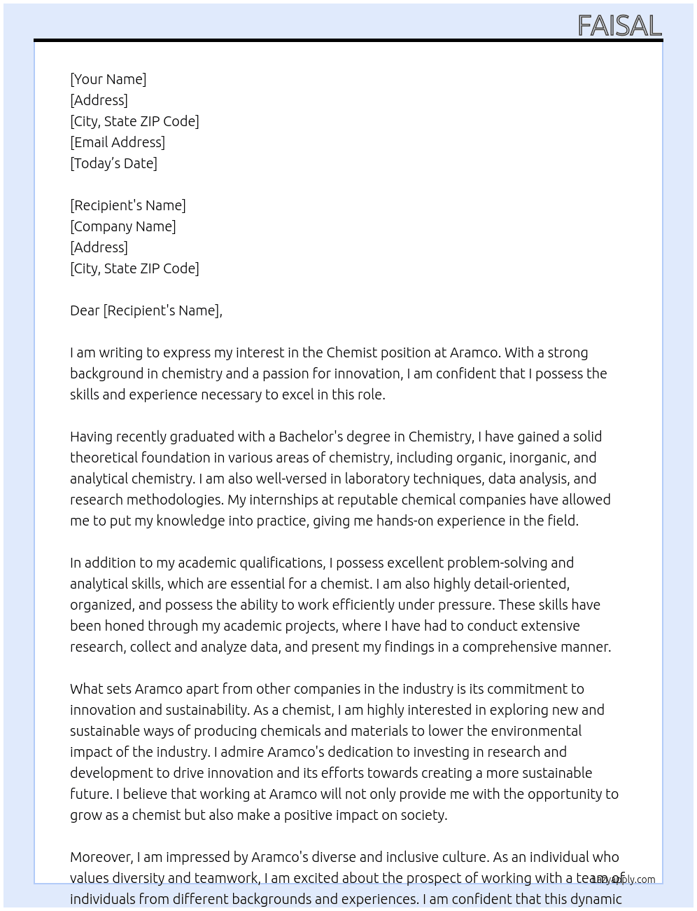 Chemist At aramco Cover Letter