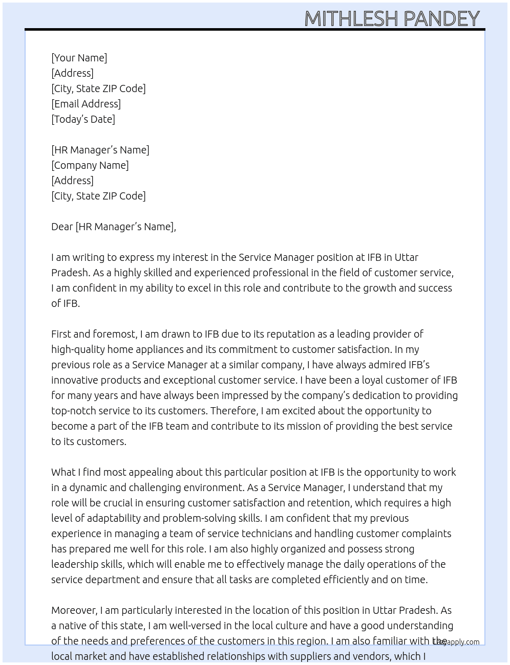 Service Manager  At IFB Cover Letter