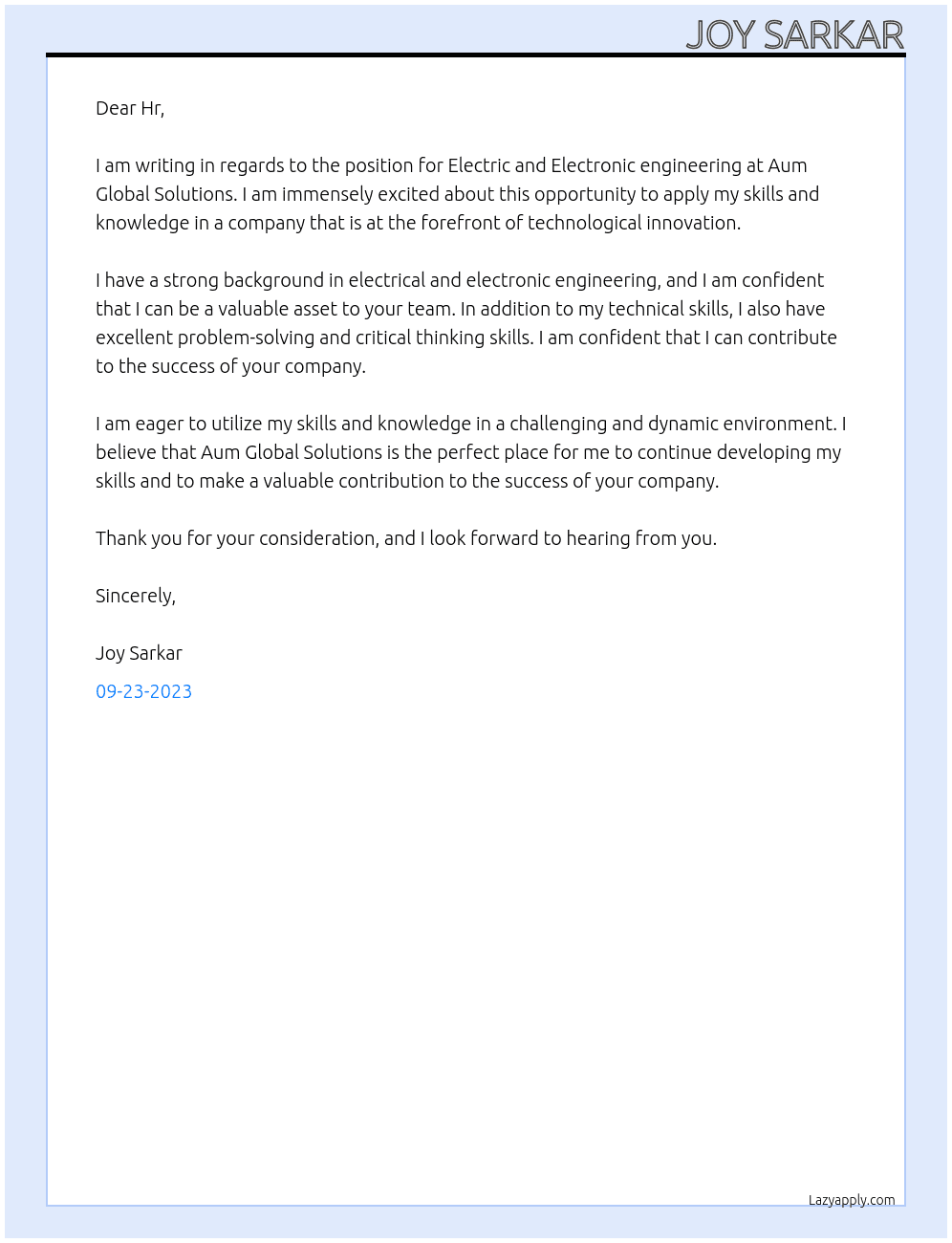 Electric and Electronic engineering  At Aum Global Solutions Cover Letter