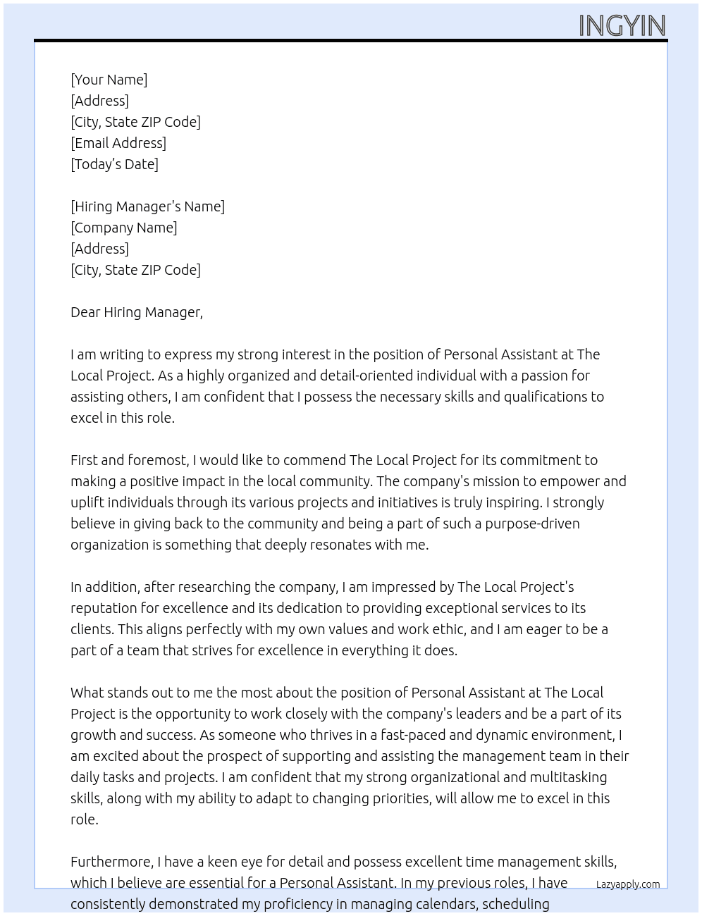 Personal assistant At The Local Project Cover Letter
