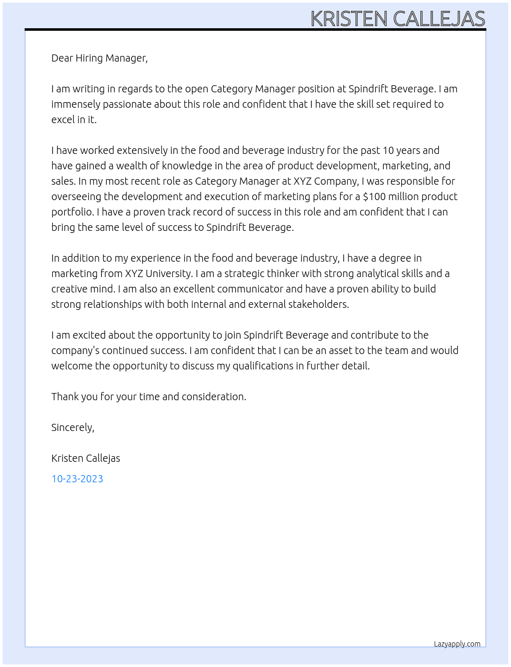 Category Manager At Spindrift Beverage Cover Letter