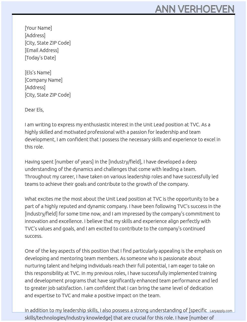 Unit Lead At TVC Cover Letter