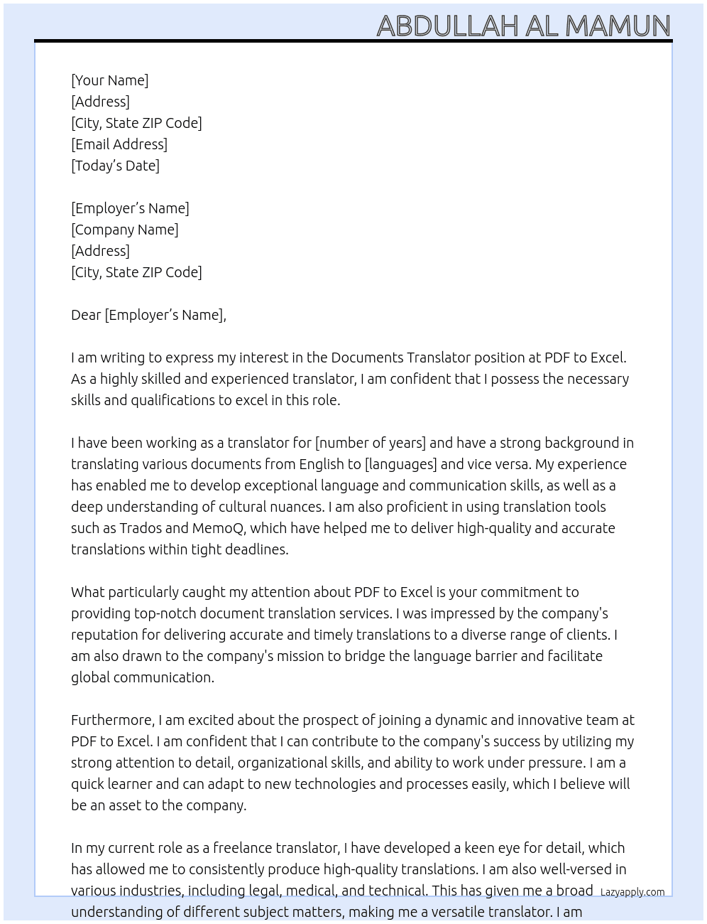 Documents Transilator At PDF to Excel Cover Letter