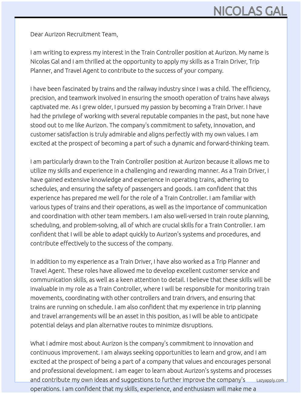 Train controller At Aurizon Cover Letter