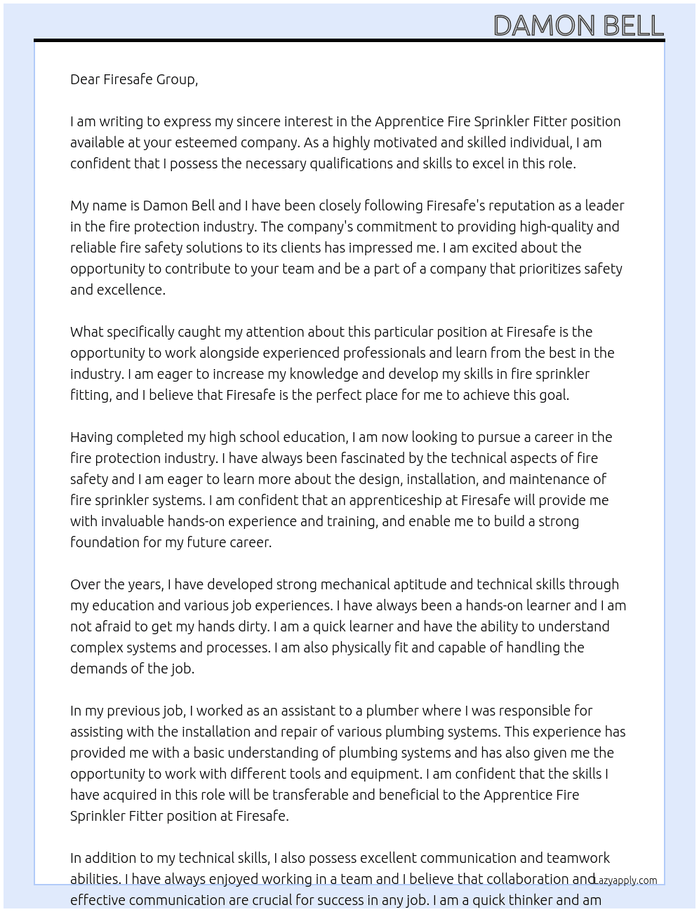 Apprentice Fire Sprinkler Fitter At Firesafe Cover Letter