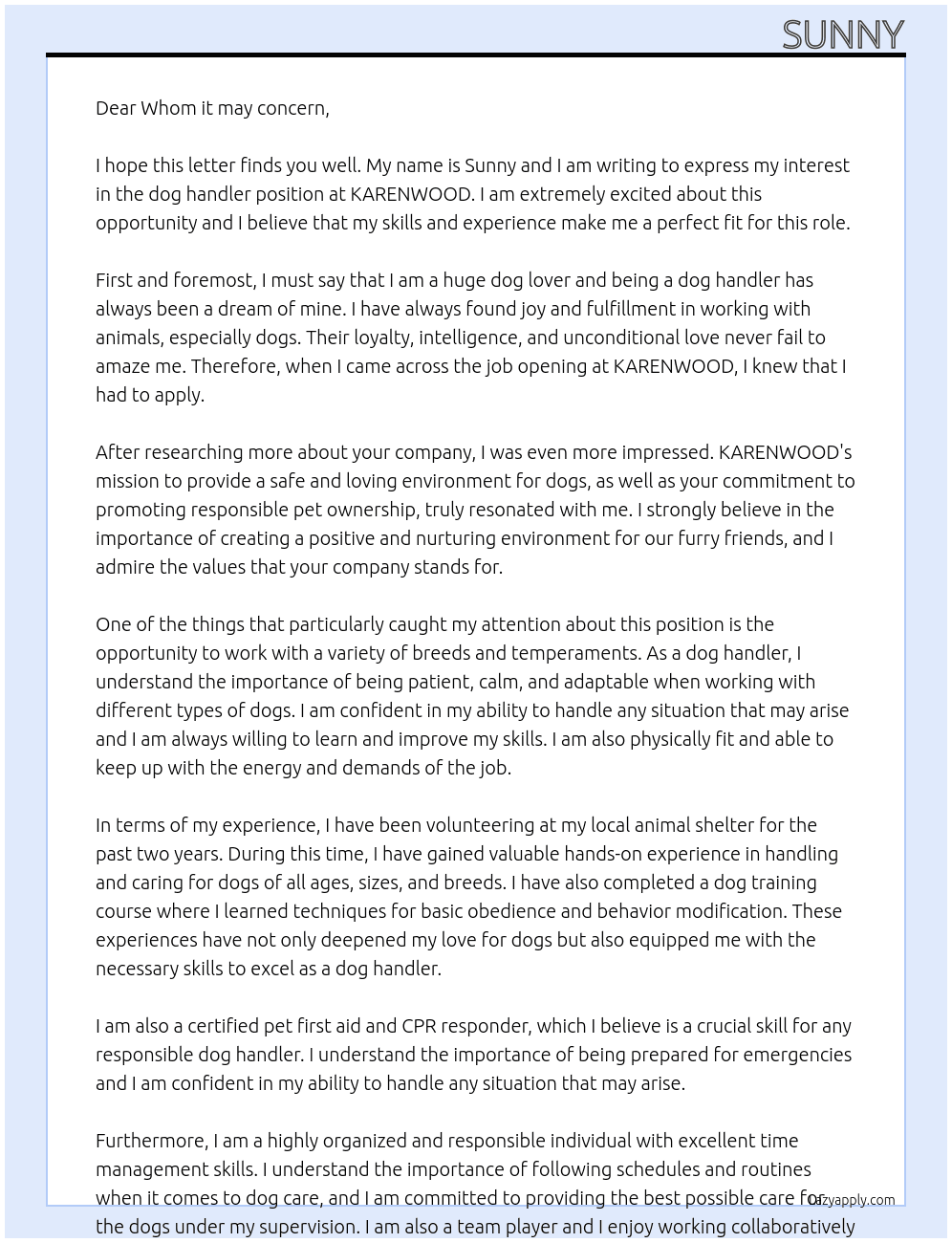 dog handler At kARENWOOD Cover Letter