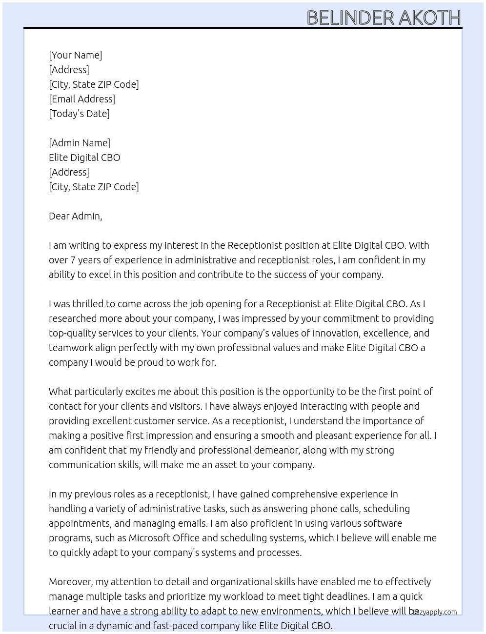 Cover letter for receptionist with over 7 years experience - LazyApply