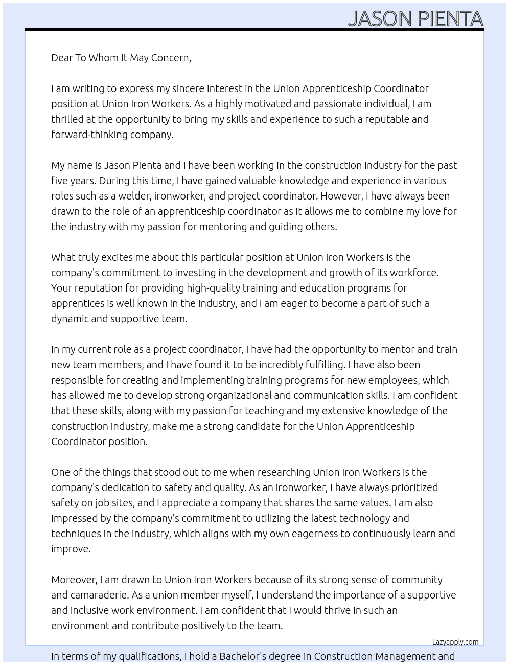 Union Apprenticesship Coordinator At Union Iron Workers Cover Letter