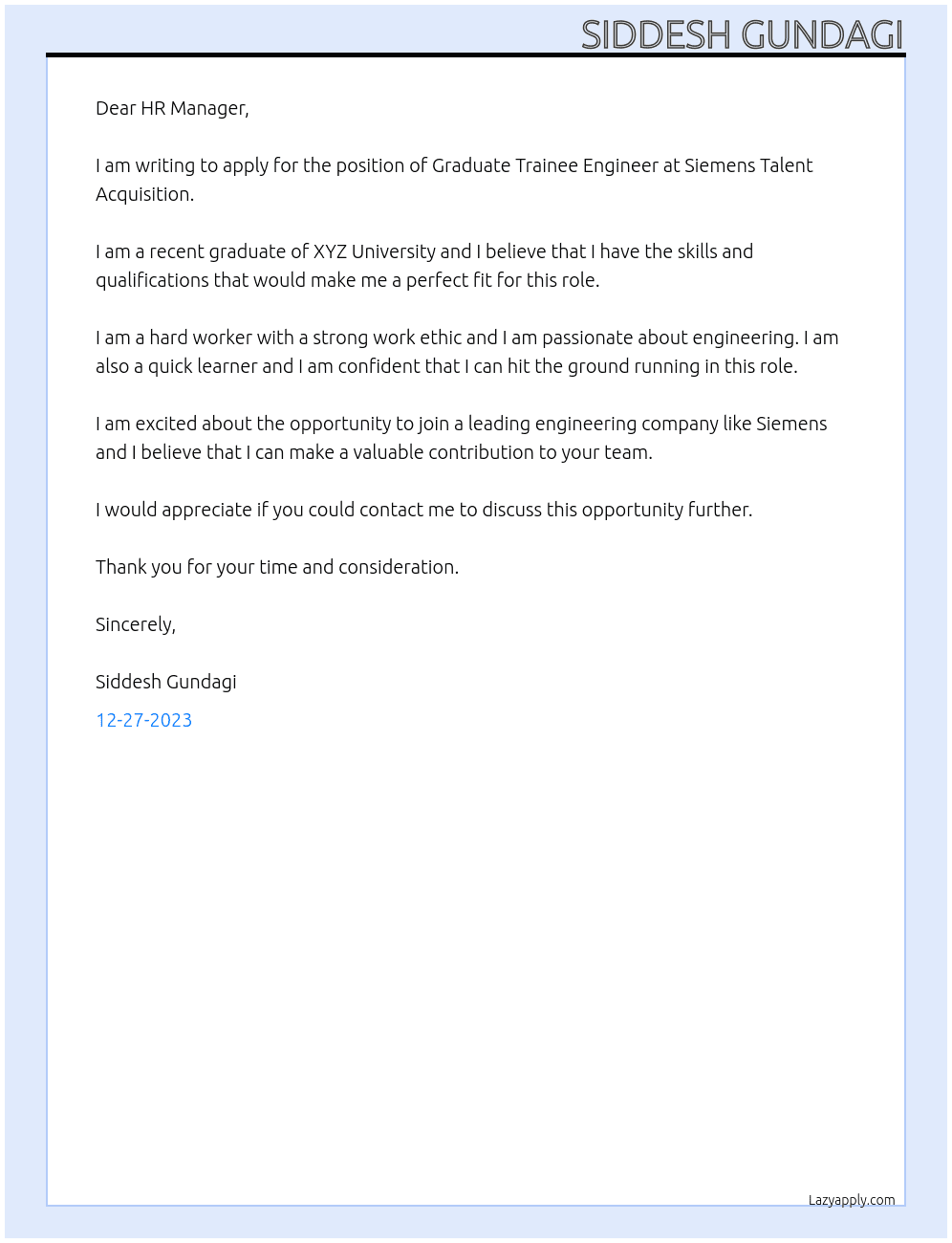 Graduate Trainee Engineer At Siemens Talent Acquisition Cover Letter