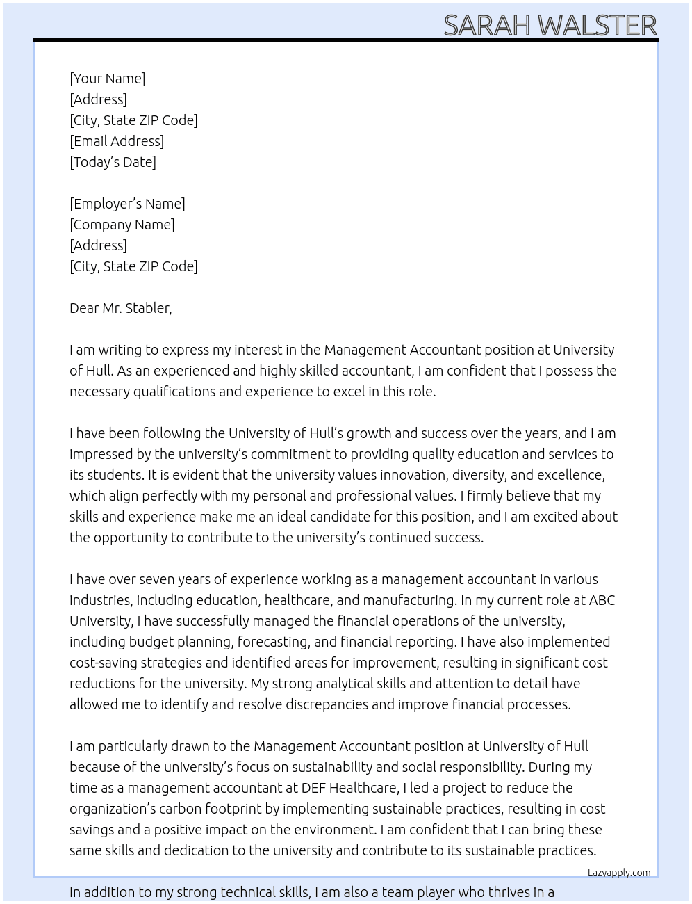 Management Accountant At University of Hull Cover Letter
