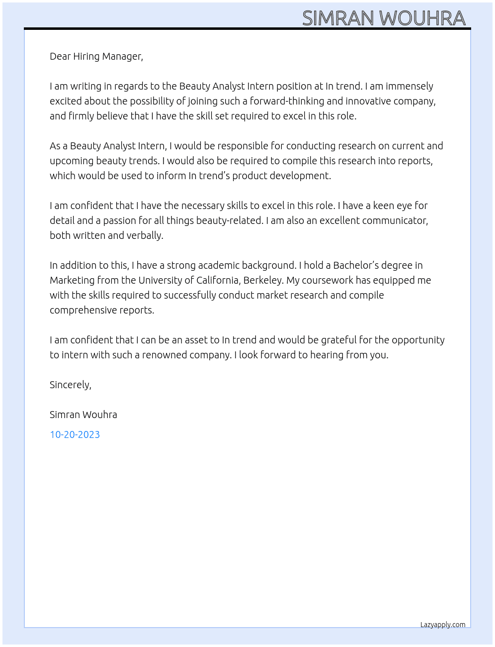 Beauty Analyst Intern  At In trend  Cover Letter