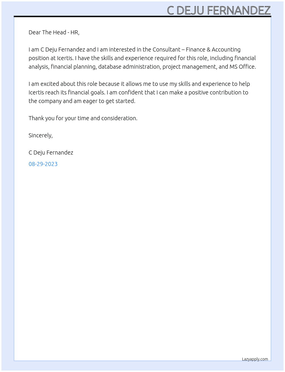 Consultant – Finance & Accounting At Icertis Cover Letter