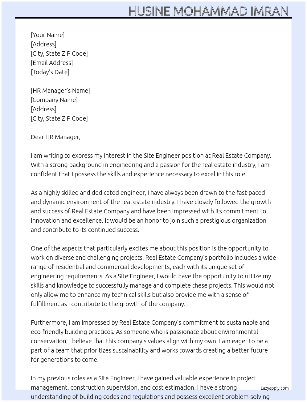 Site Engineer  At Real estate company  Cover Letter