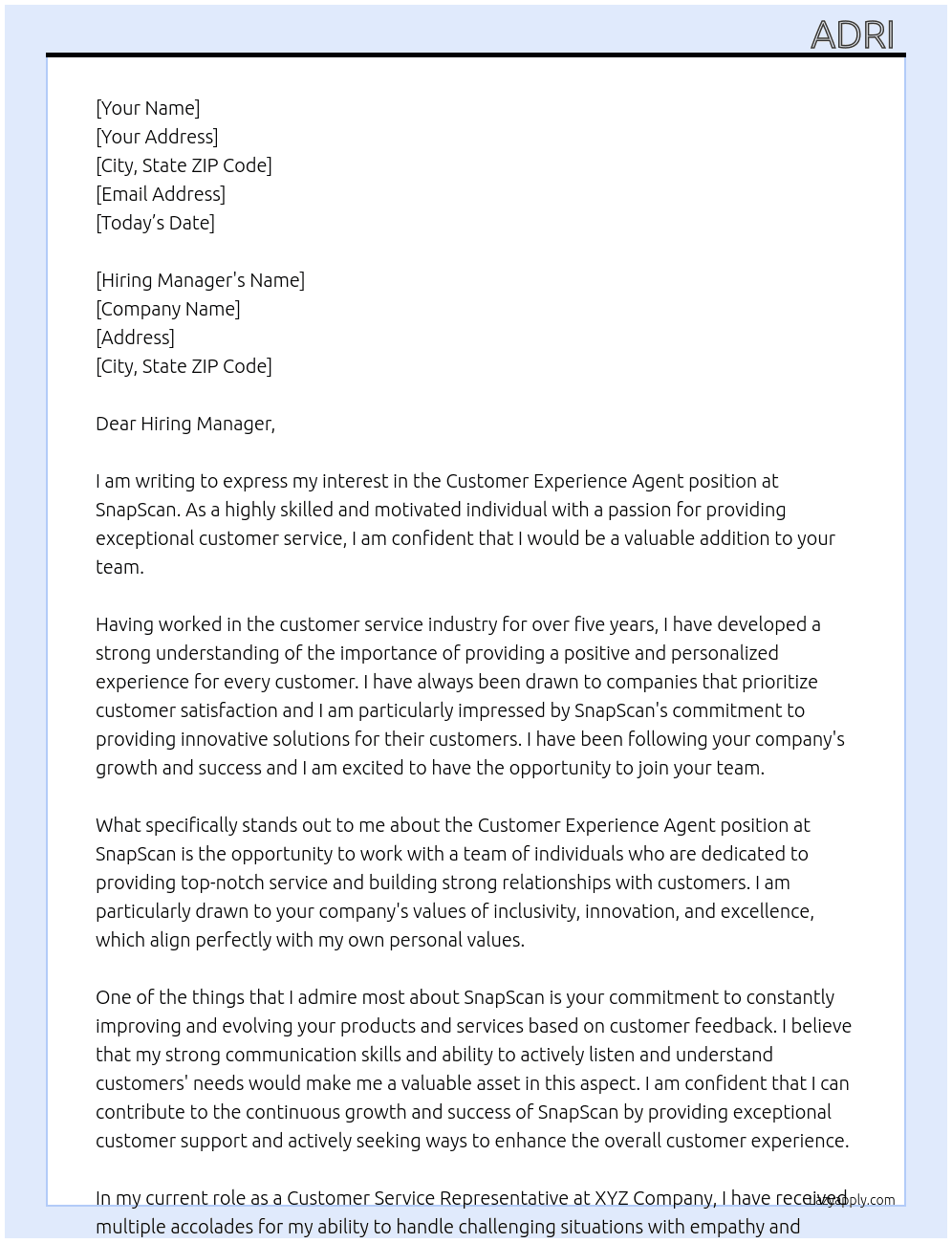  Customer Experience Agent At SnapScan Cover Letter