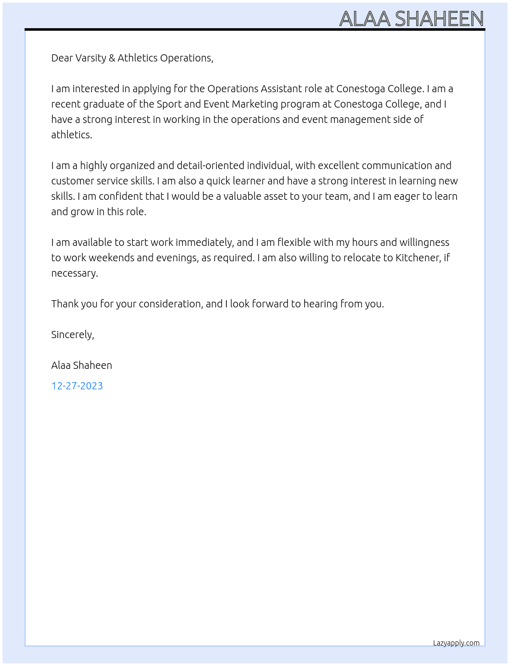 Operations Assistant At Conestoga College Cover Letter
