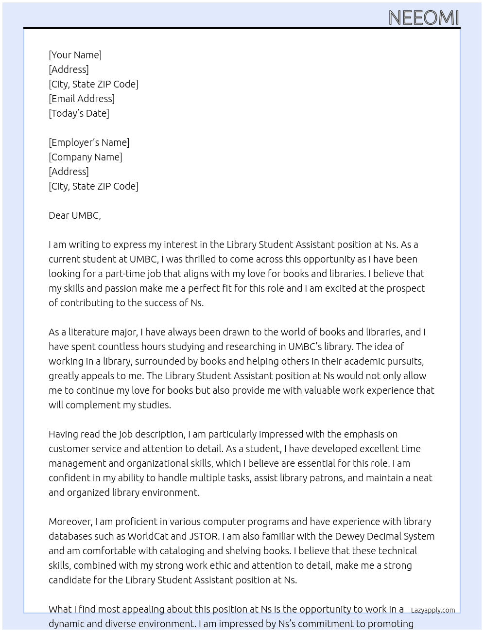 Cover letter for library student assistant - LazyApply