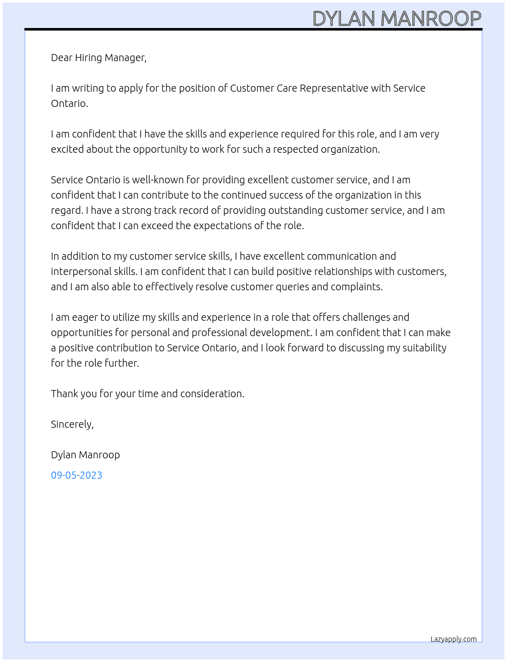 Customer Care Representative At Service Ontario Cover Letter