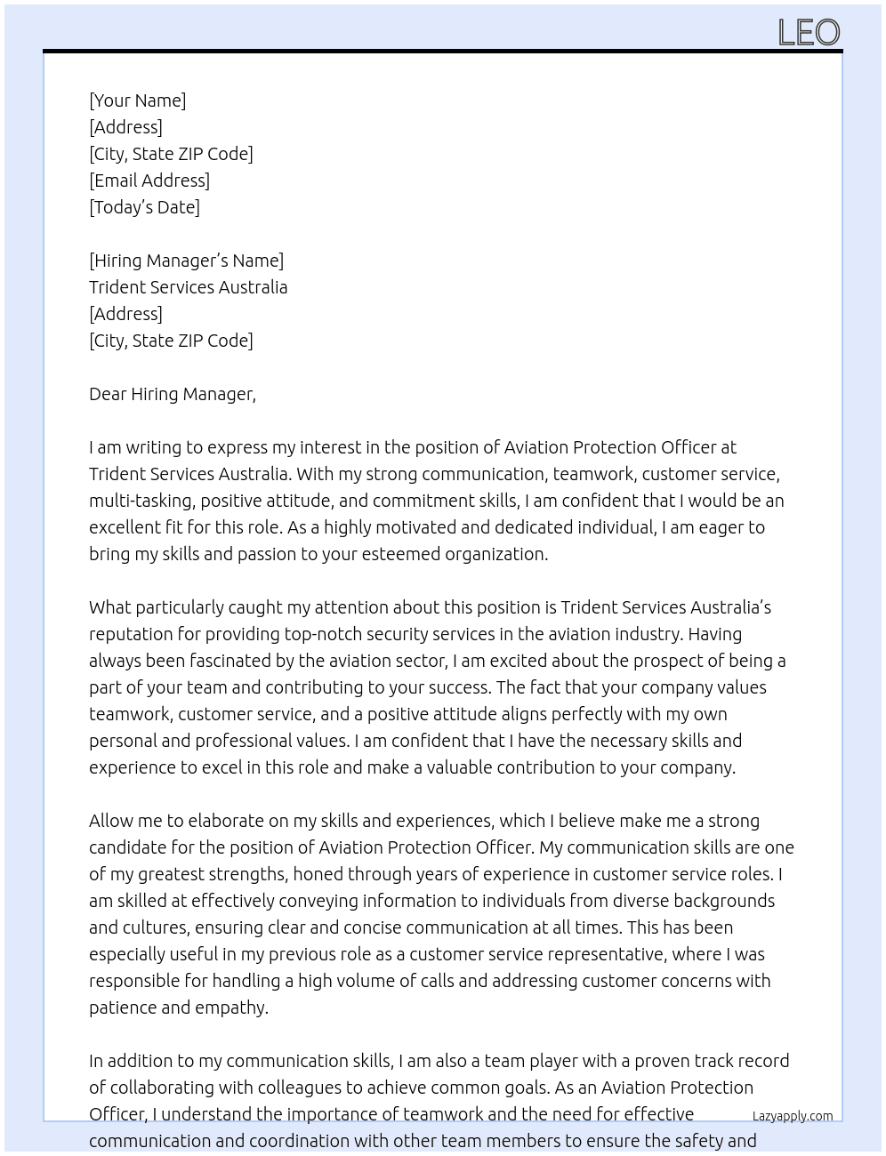 Aviation Protection Officer At Trident Services Australia  Cover Letter