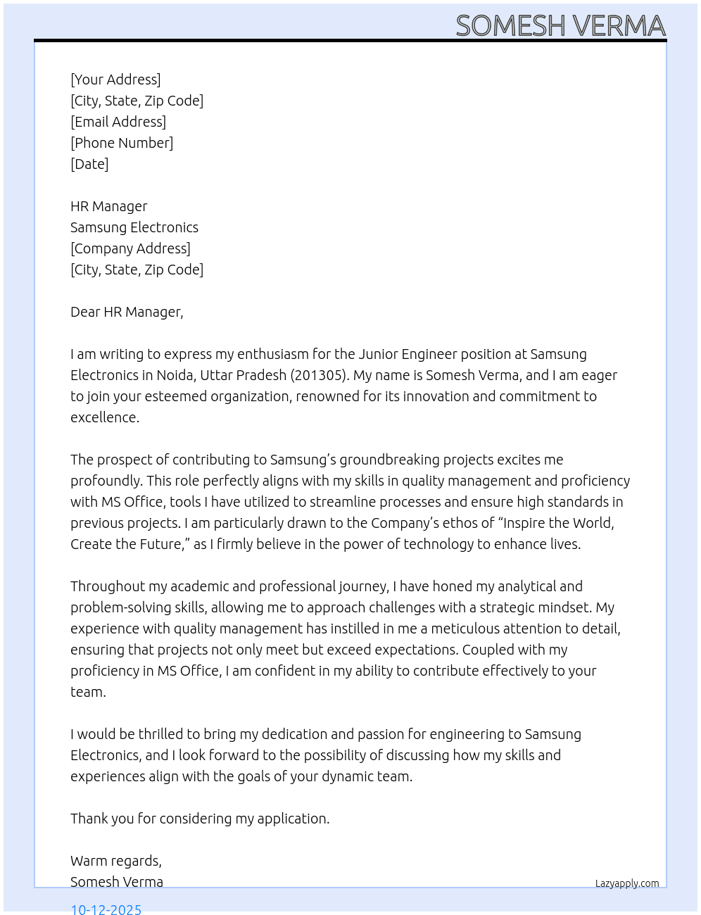 Jr.Engineer At Samsung Electronics Cover Letter
