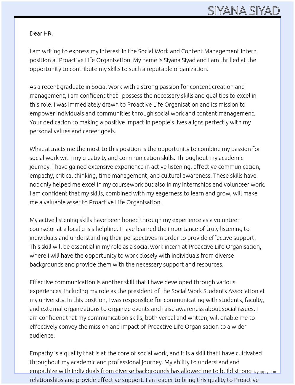 social work and content management intern At proactive life organisation Cover Letter