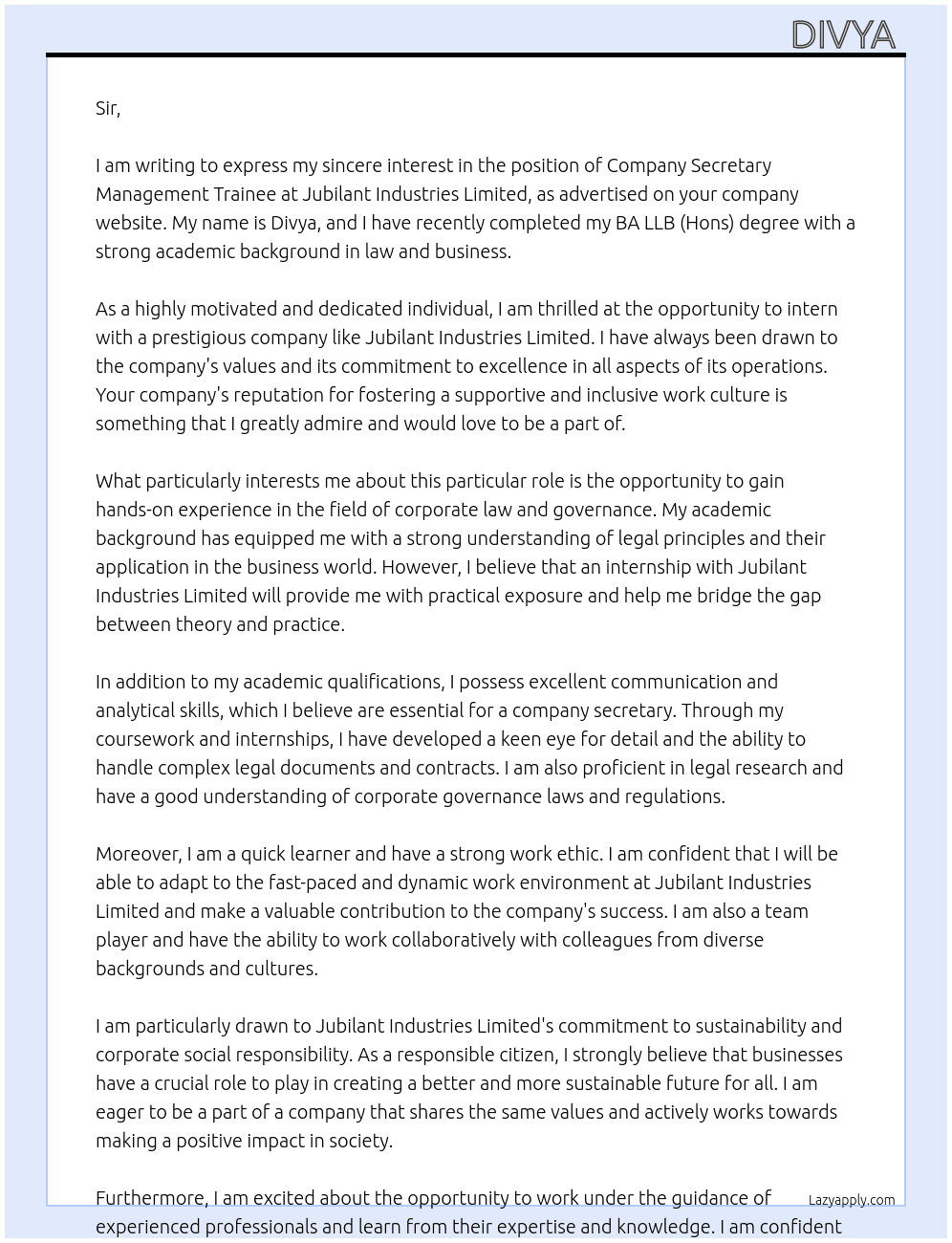 company secretary management trainee At Jubilant Industries Limited Cover Letter