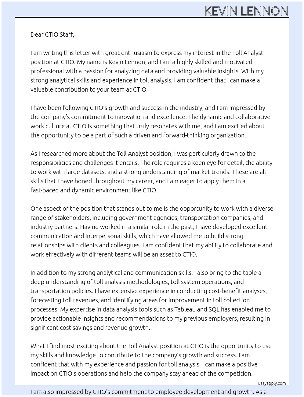 Toll Analyst At CTIO Cover Letter
