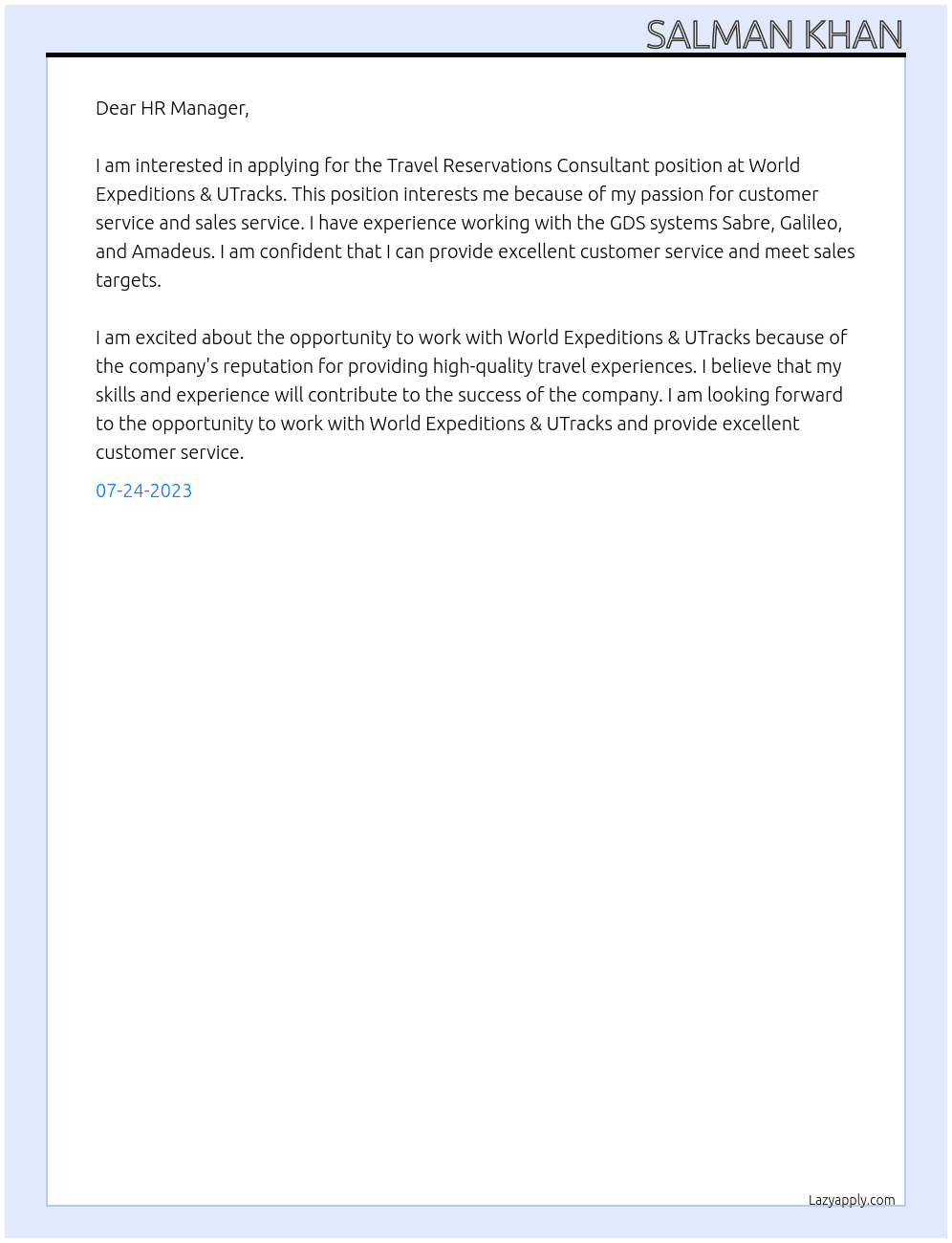 Travel Reservations Consultant At World Expeditions & UTracks Cover Letter