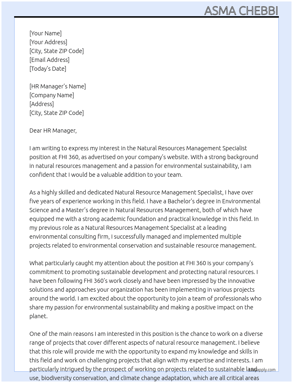 Natural Resources Management Specialist  At FHI360 Cover Letter