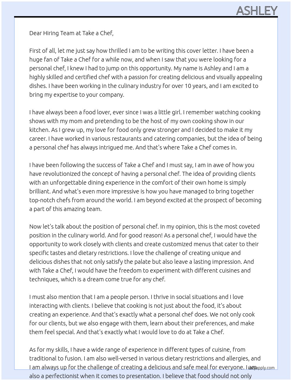 personal chef At take a chef Cover Letter