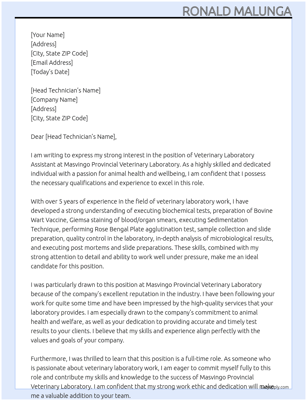 veterinary laboratory assistant At MASVINGO PROVINCIAL VETERINARY LABORATORY Cover Letter