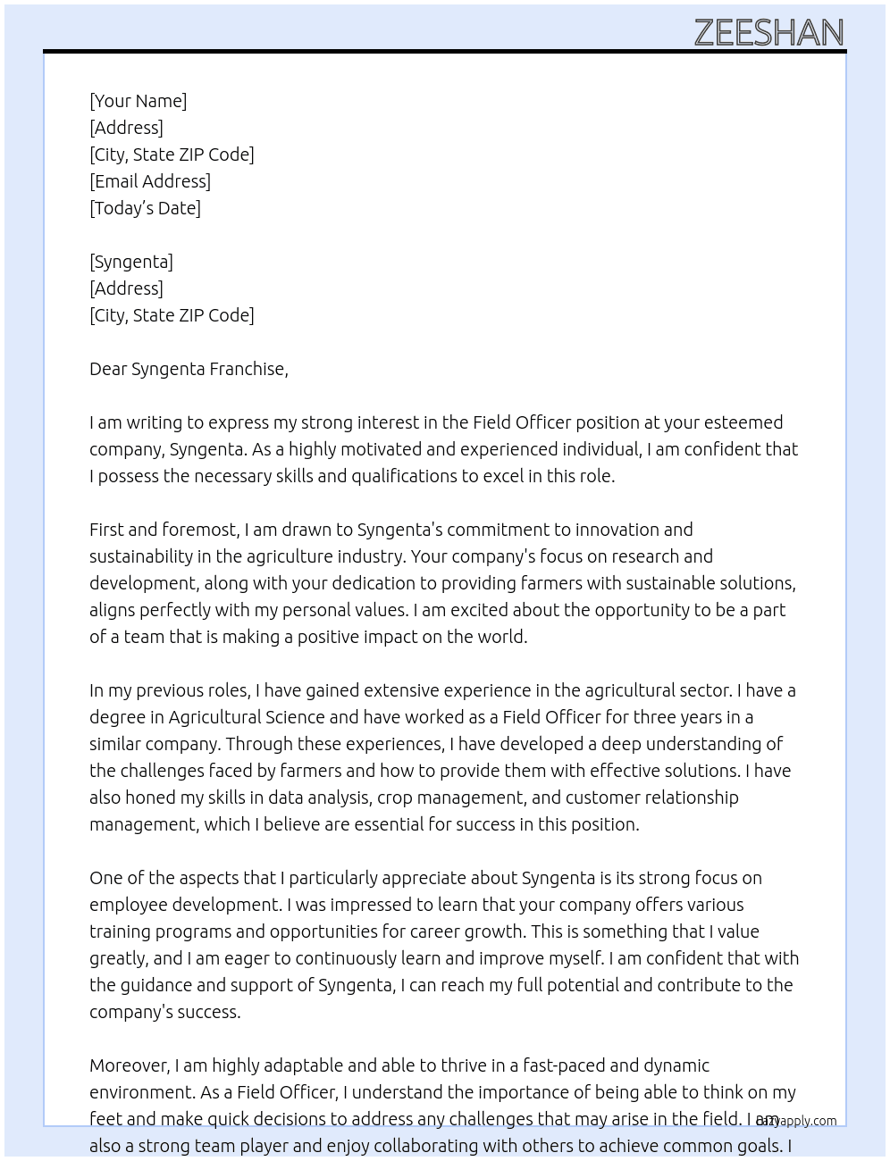 Field officer At Syngenta Cover Letter