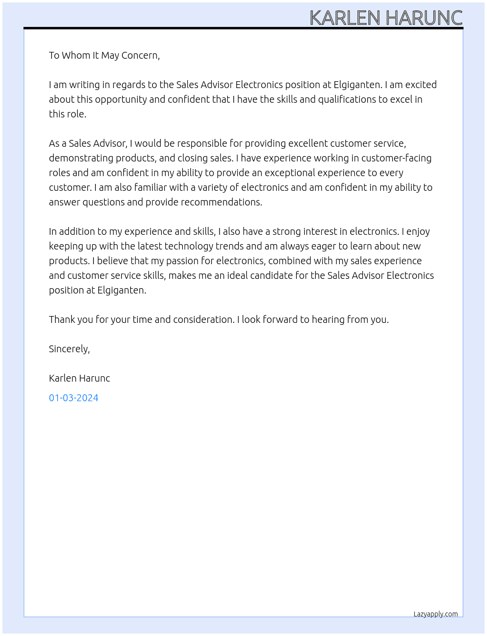 Saled advisor electronics At Elgiganten Cover Letter