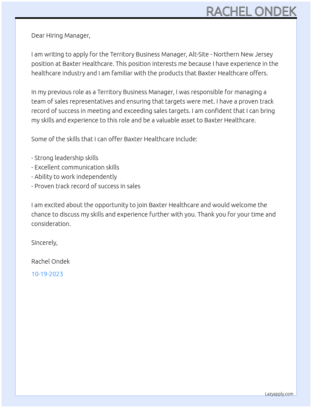 Territory Business Manager, Alt-Site - Northern New Jersey At Baxter Healthcare Cover Letter