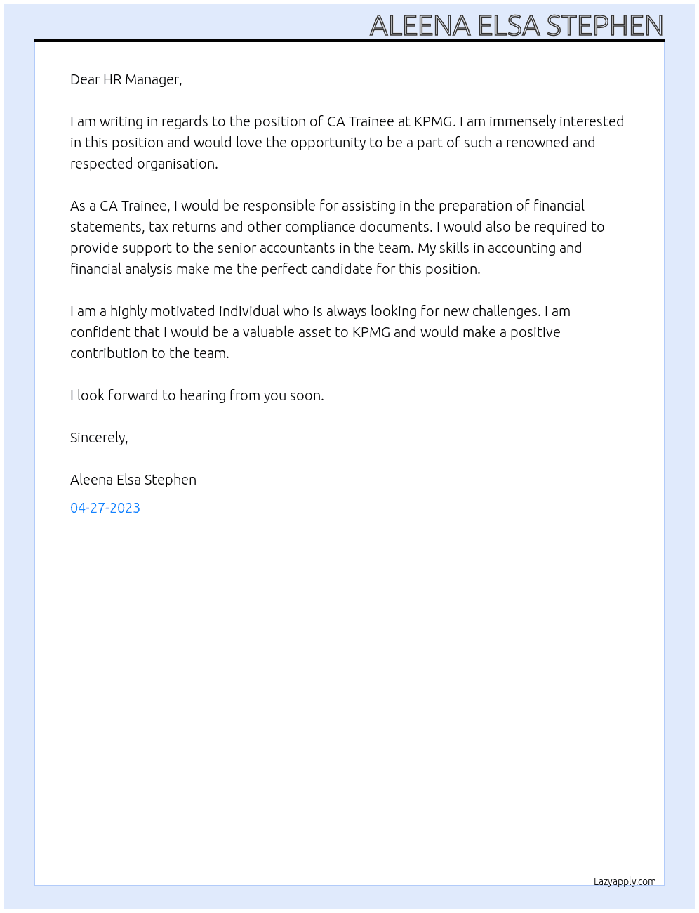 CA TRAINEE At KPMG Cover Letter