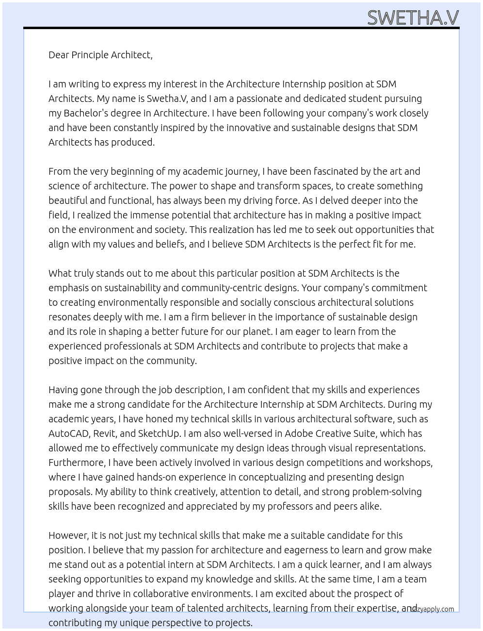 Architecture Internship At SDM Architects Cover Letter