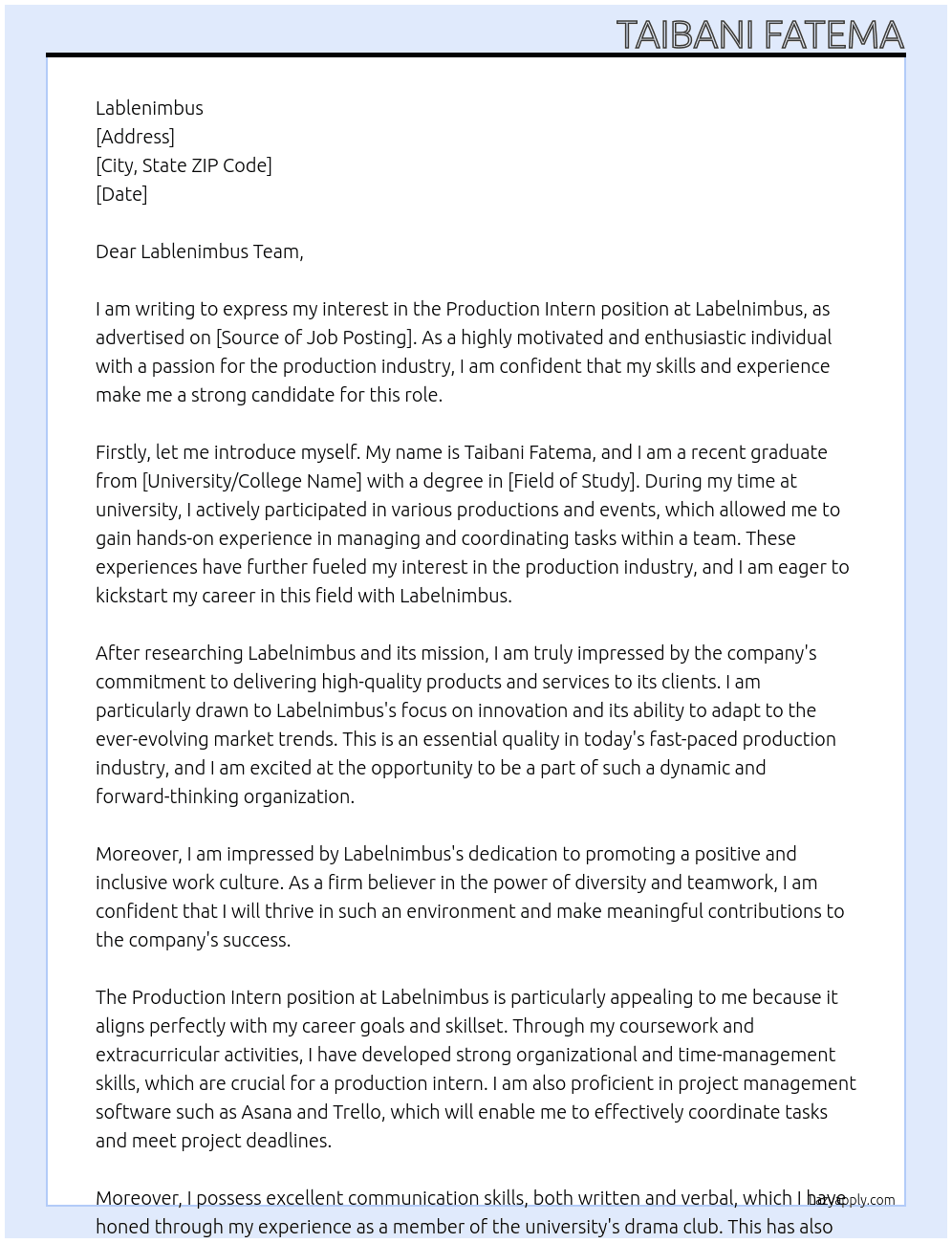 Production intern At Labelnimbus Cover Letter