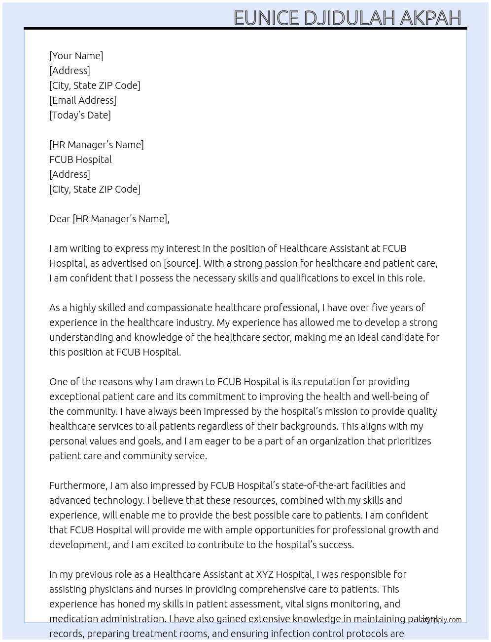 Healthcare Assistant  At FCUB Hospital  Cover Letter