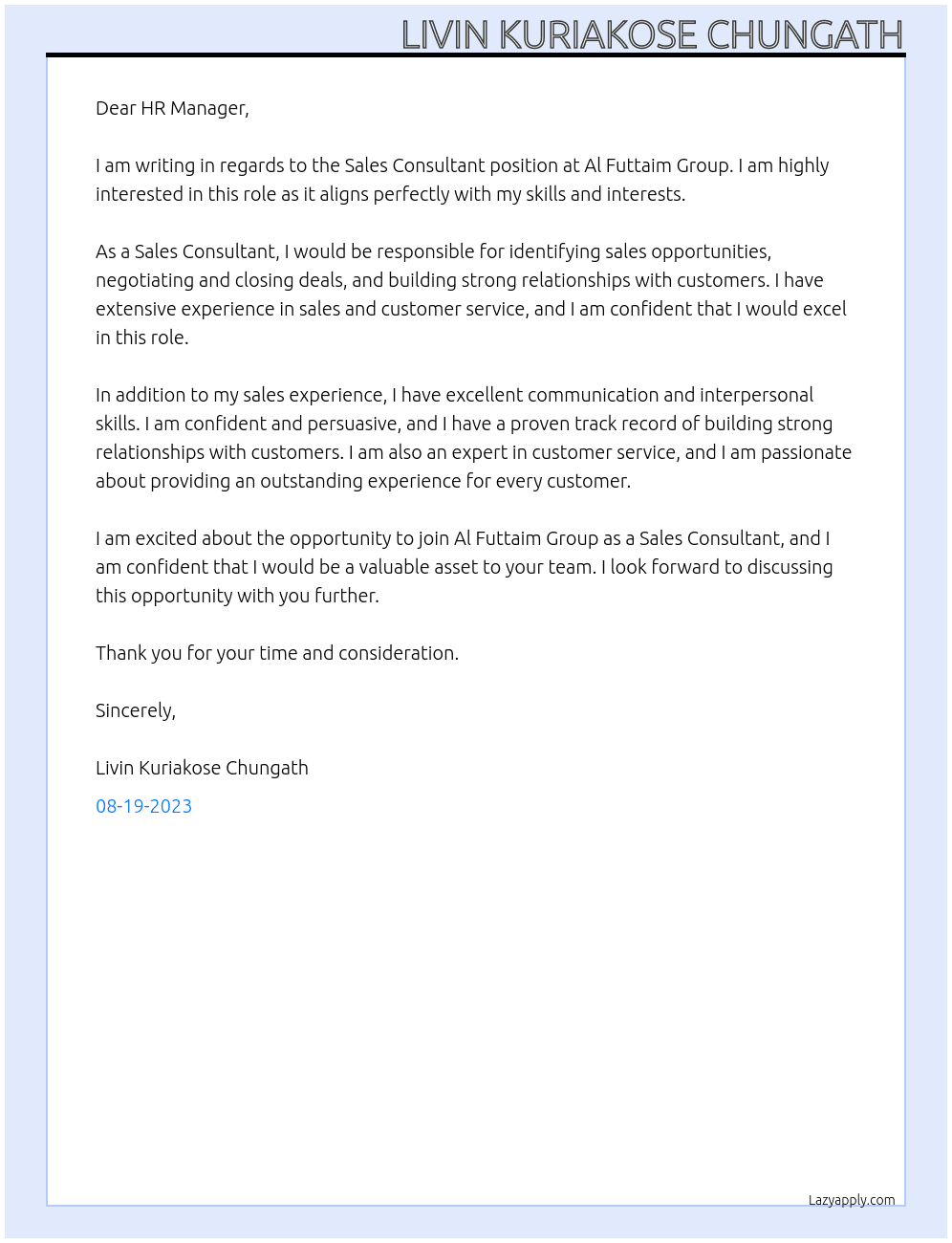 Sales Consultant At Al Futtaim Group Cover Letter