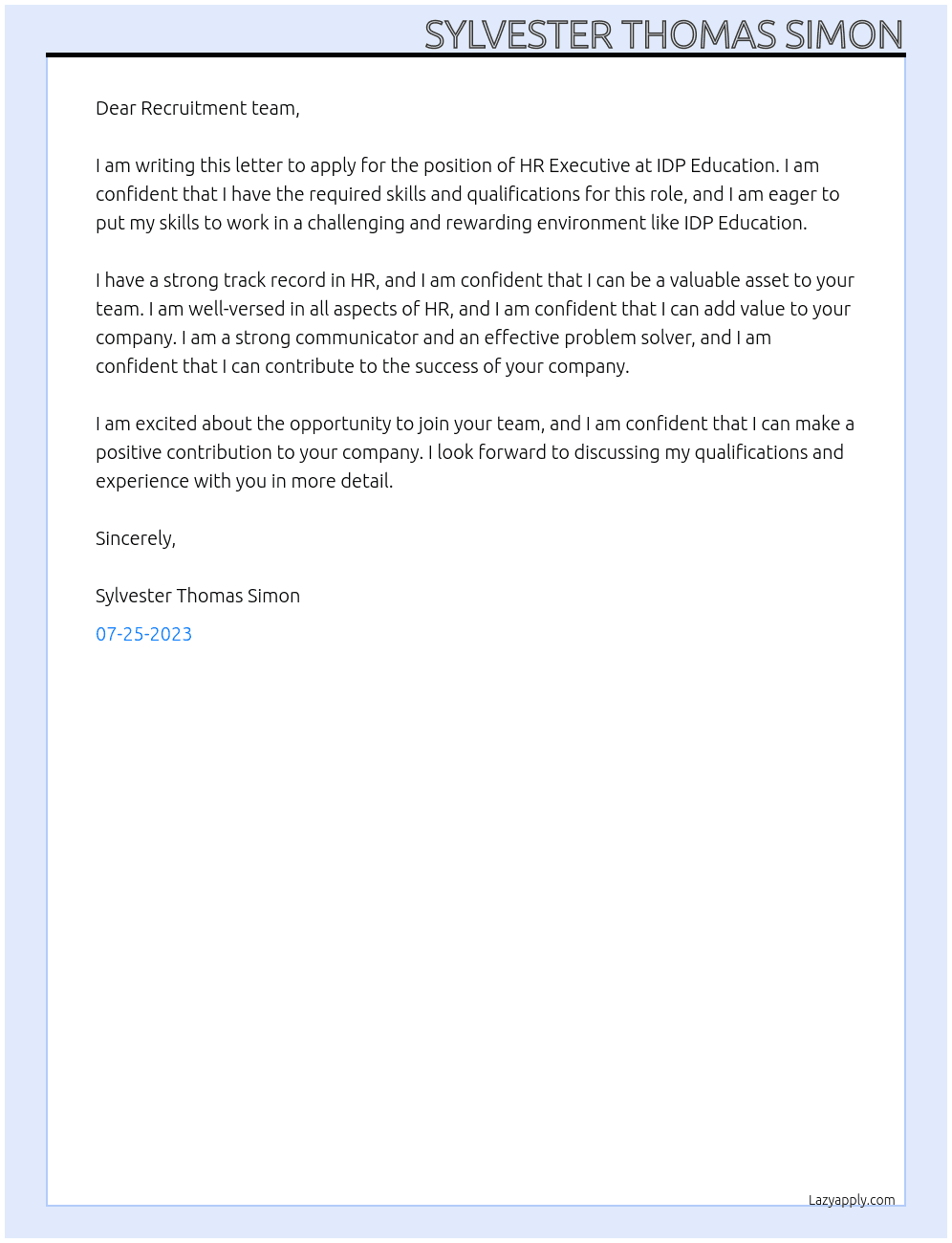 HR Executive At IDP Education Cover Letter