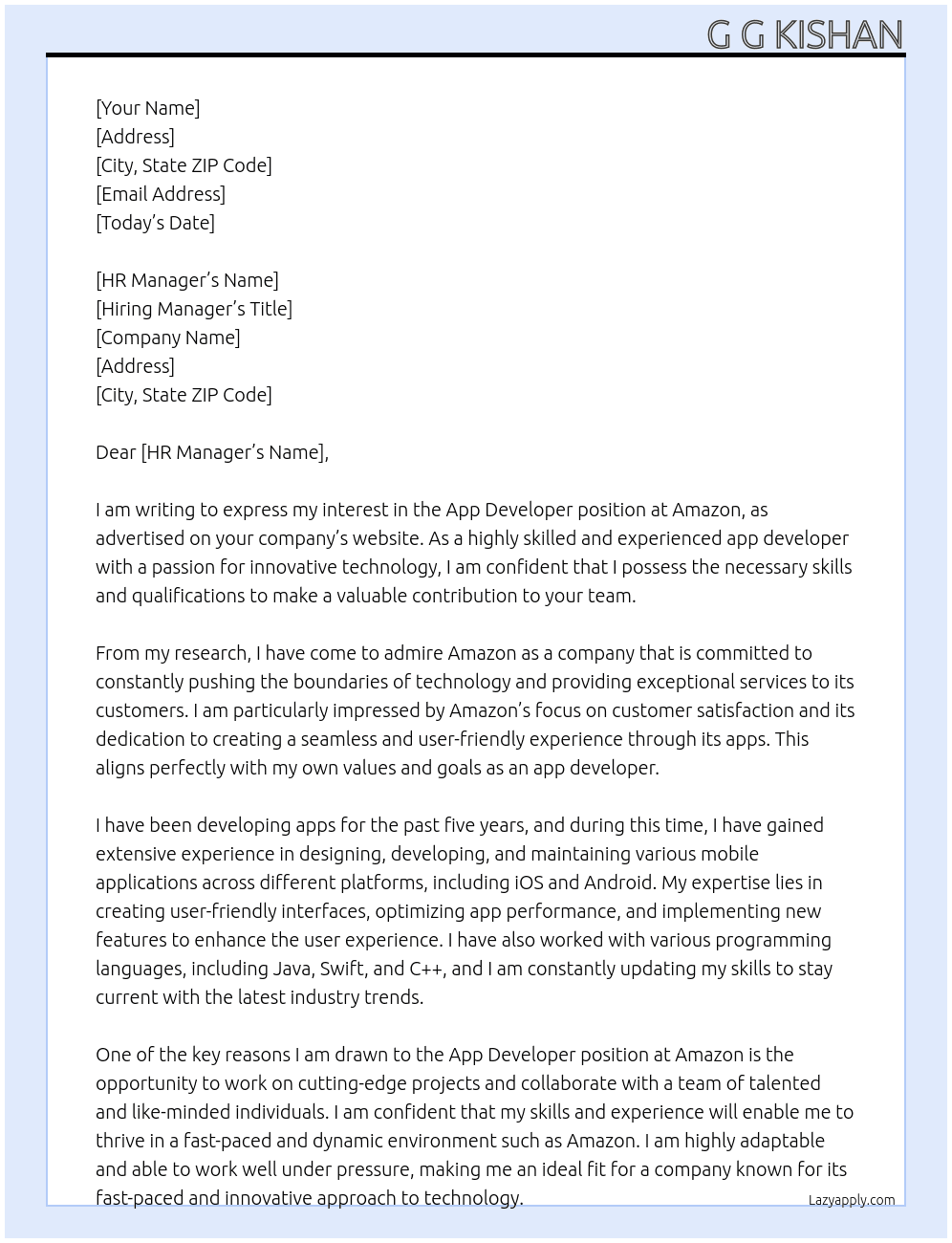 App developer At Amazon Cover Letter