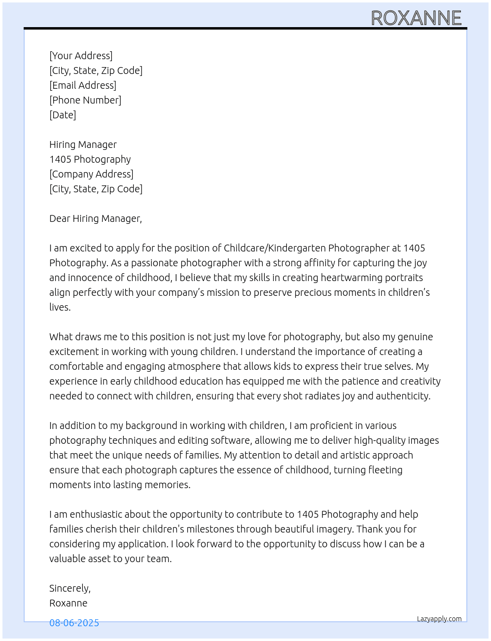 Childcare/Kindergarten Photographer At 1405 Photography Cover Letter