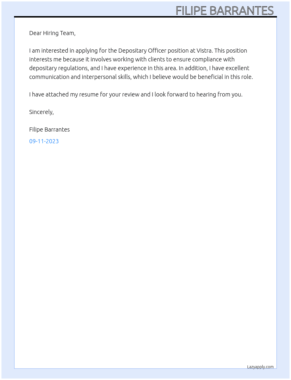 Depositary Officer At Vistra Cover Letter