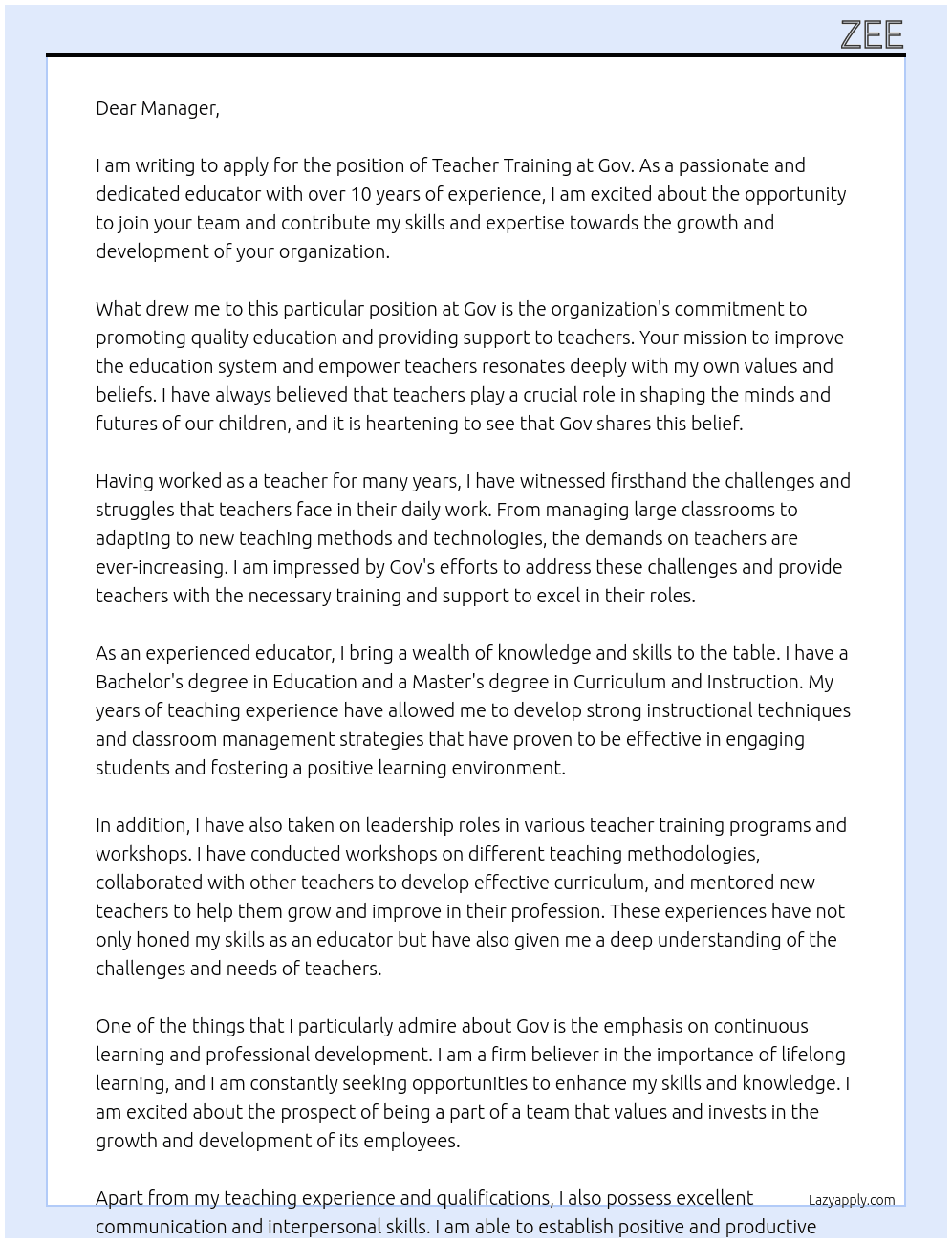 teacher training At gov Cover Letter