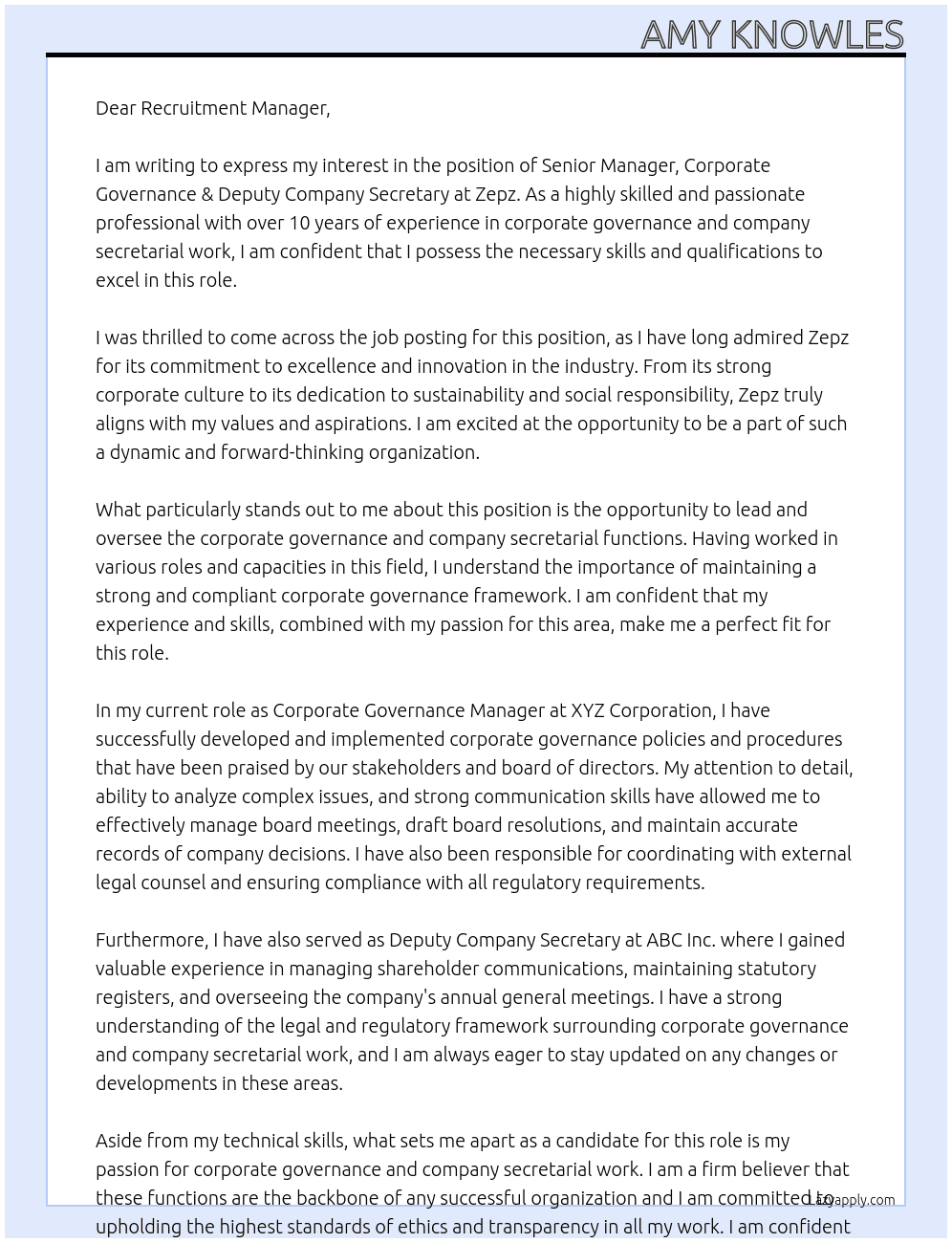 Senior Manager, Corporate Governance & Deputy Company Secretary At Zepz Cover Letter