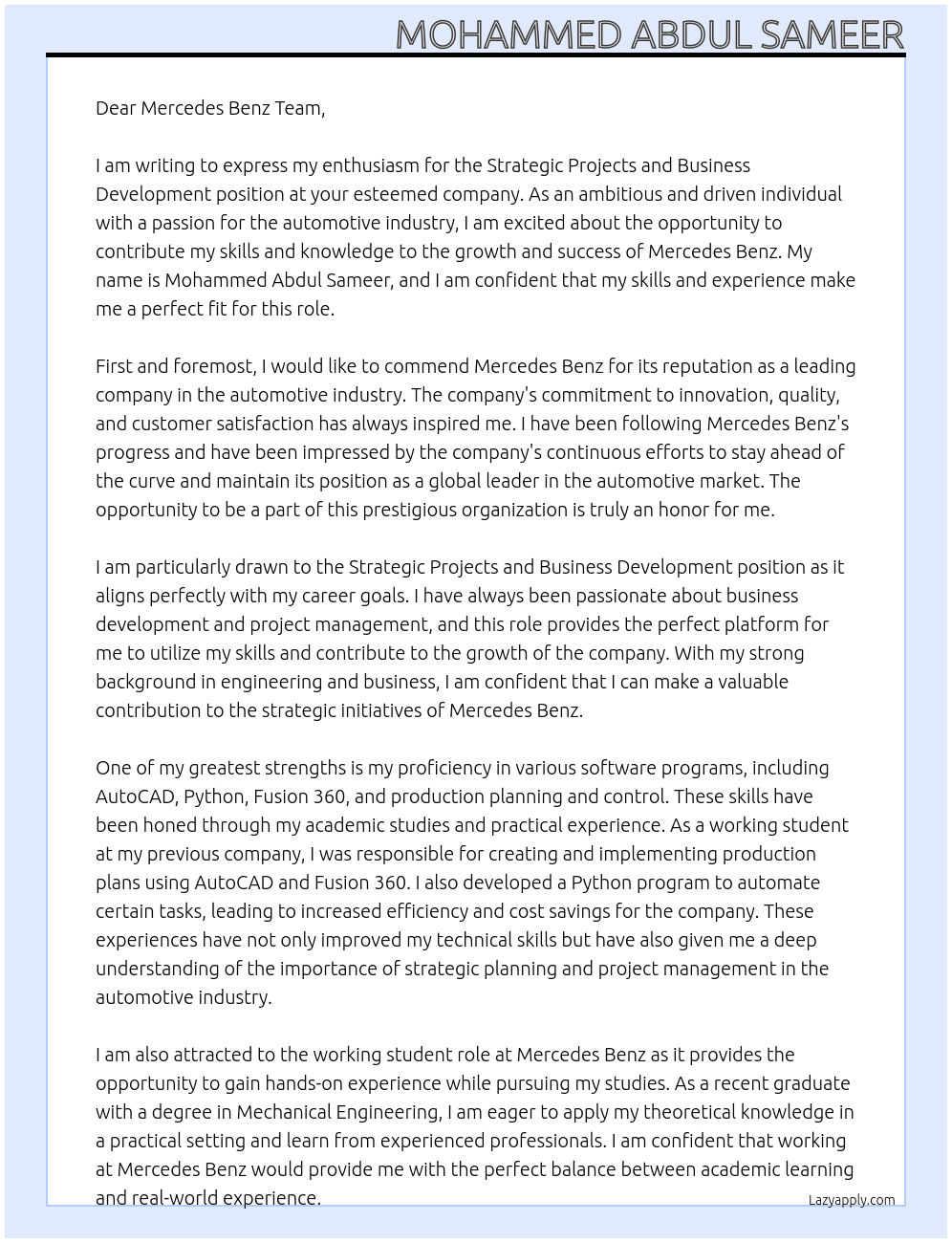 STRATEGIC PROJECTS AND BUSINESS DEVELOPMENT At MERCEDEZ BENZ Cover Letter