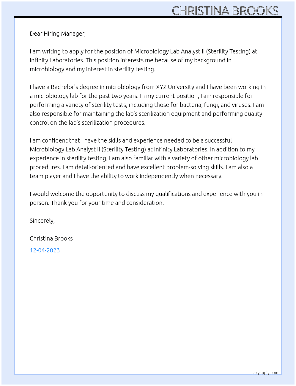 Microbiology Lab Analyst II (Sterility Testing) At Infinity Laboratories  Cover Letter